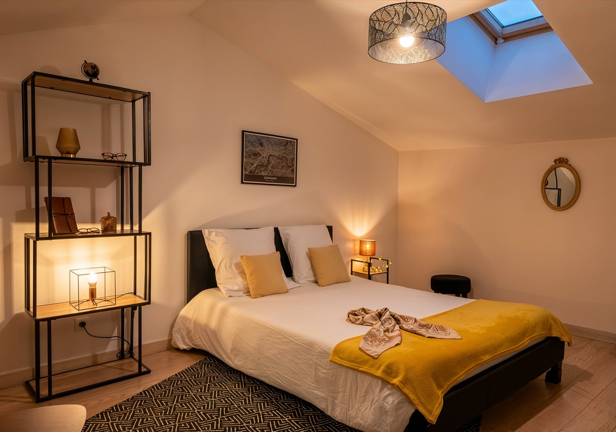 Chambre élégante sous les toits avec lit double du duplex Lindor à Angoulême