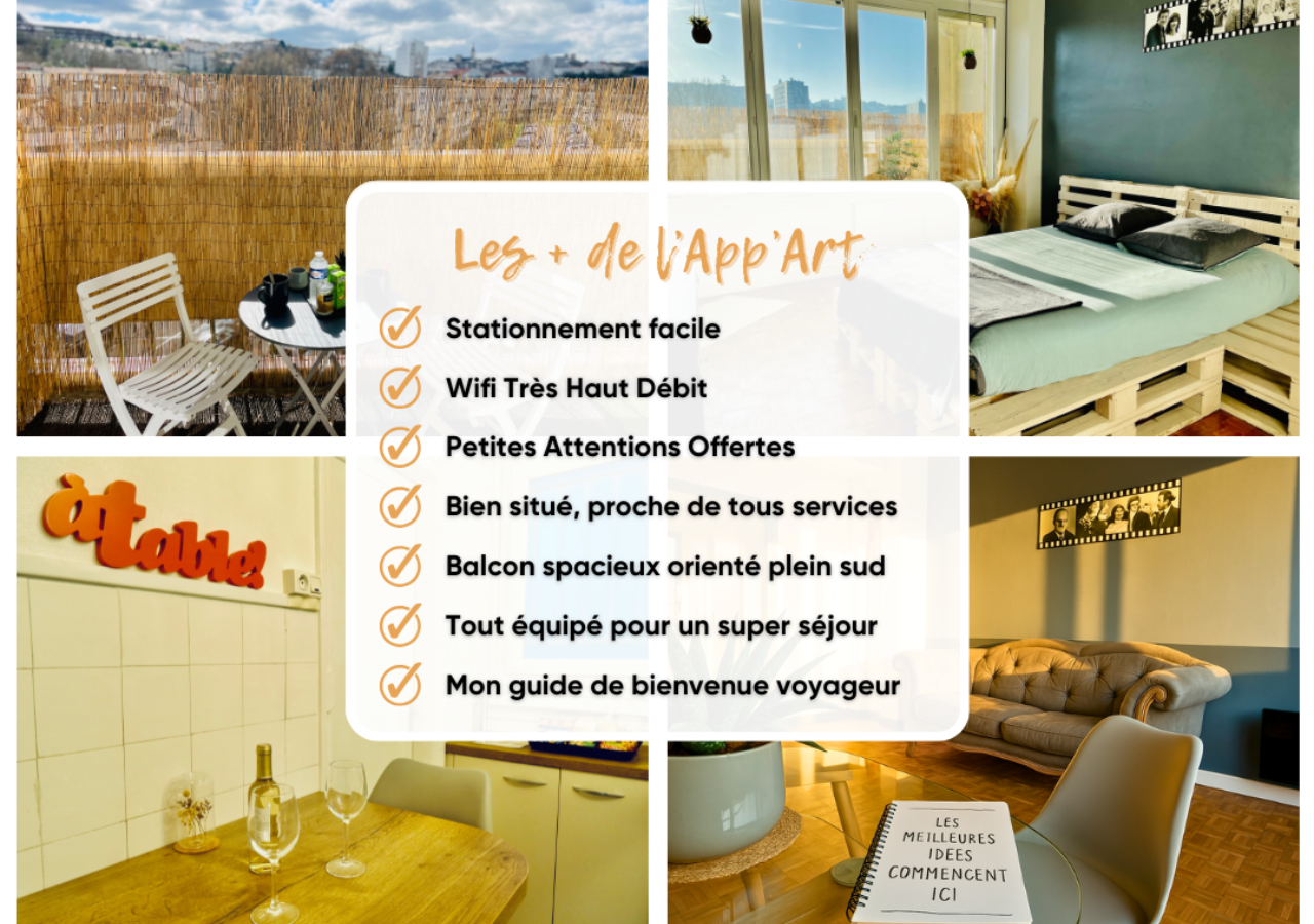 alt="Les avantages de l’App’Art : appartement bien situé avec balcon plein sud, wifi très haut débit et logement tout équipé"