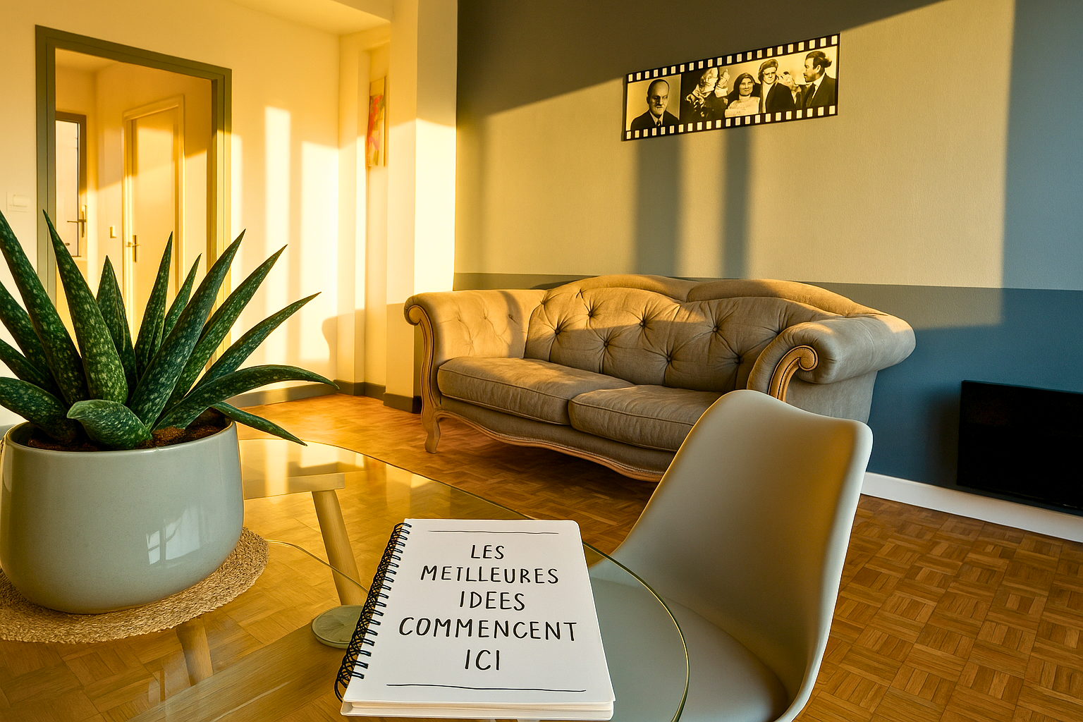 alt="Salon cosy de l’App’Art avec canapé confortable, plante verte et lumière naturelle"