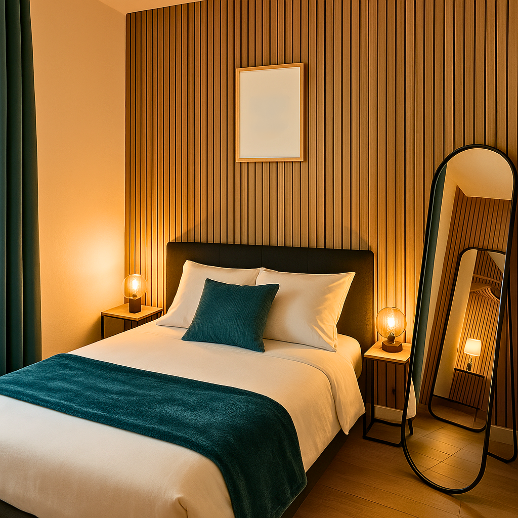 alt="Chambre moderne de l’appartement Ferrero avec lit double, décoration bois et ambiance apaisante"