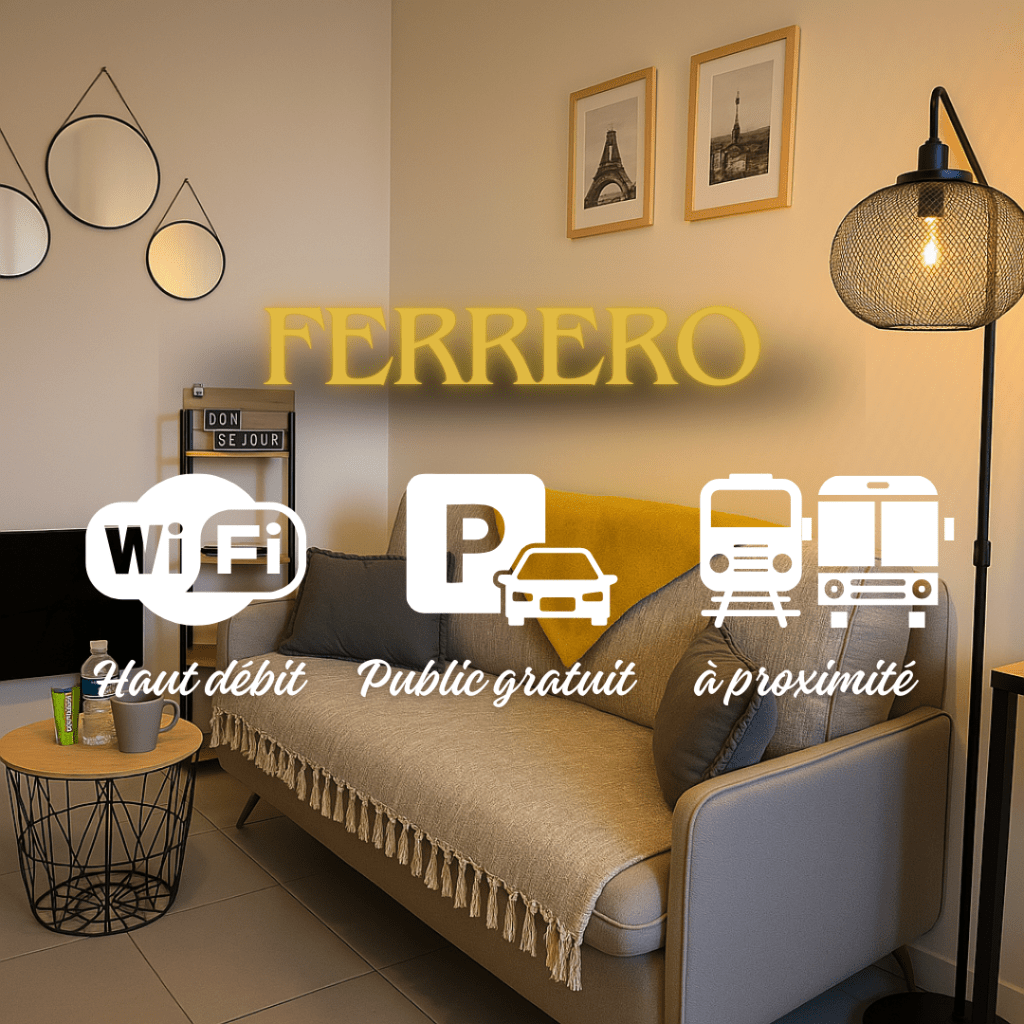 alt="Salon cosy de l’appartement Ferrero avec wifi haut débit, stationnement à proximité et accès facile aux transports"