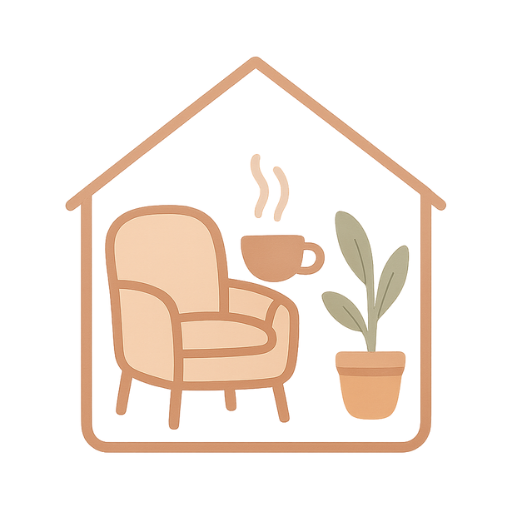 Icône représentant une maison cosy avec fauteuil, tasse chaude et plante d’intérieur