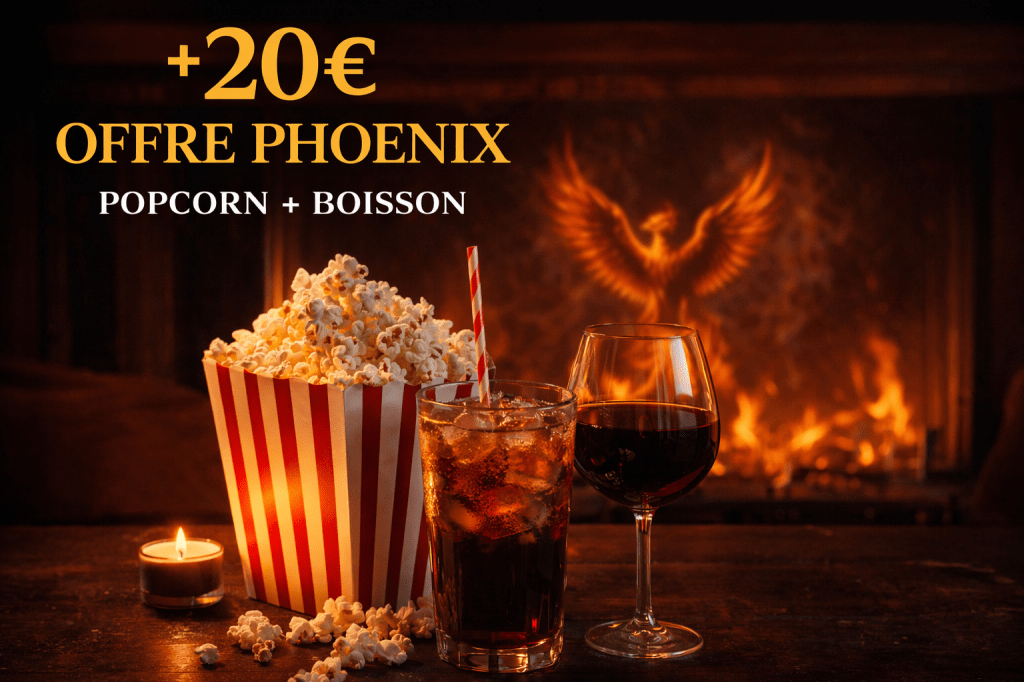 alt="Offre Phoenix avec popcorn et boisson, ambiance cinéma chaleureuse devant une cheminée, concept soirée romantique"