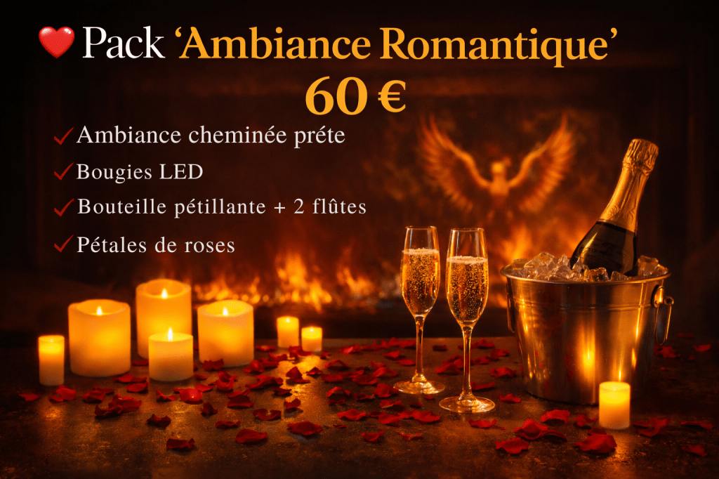 alt="Pack ambiance romantique avec bouteille pétillante, flûtes, bougies LED et pétales de roses"
