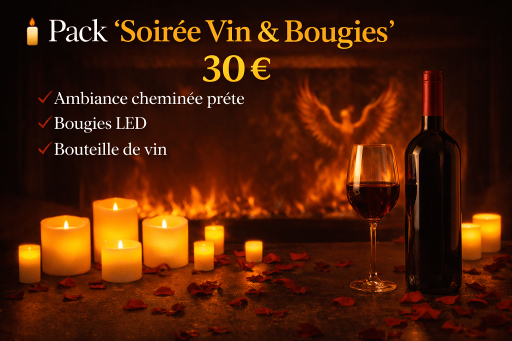 alt="Pack soirée vin et bougies avec bouteille de vin, bougies LED et ambiance cheminée romantique"