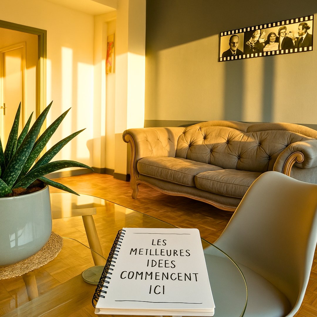 Salon cosy et lumineux dans un logement à Angoulême avec canapé vintage, table basse et carnet inspirant posé sur la table