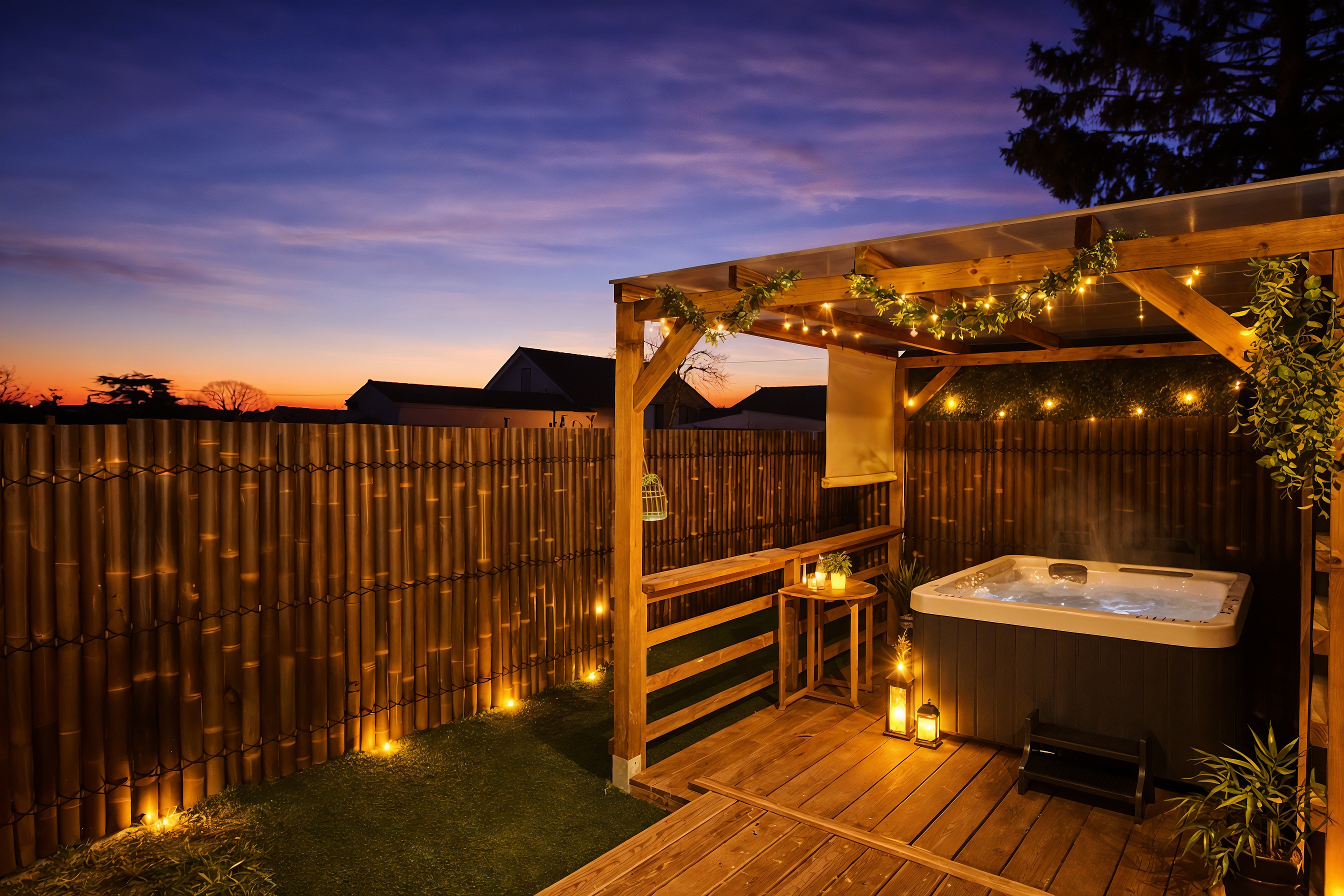 Spa extérieur avec jacuzzi privatif sur terrasse en bois, ambiance cosy et éclairage chaleureux au coucher du soleil