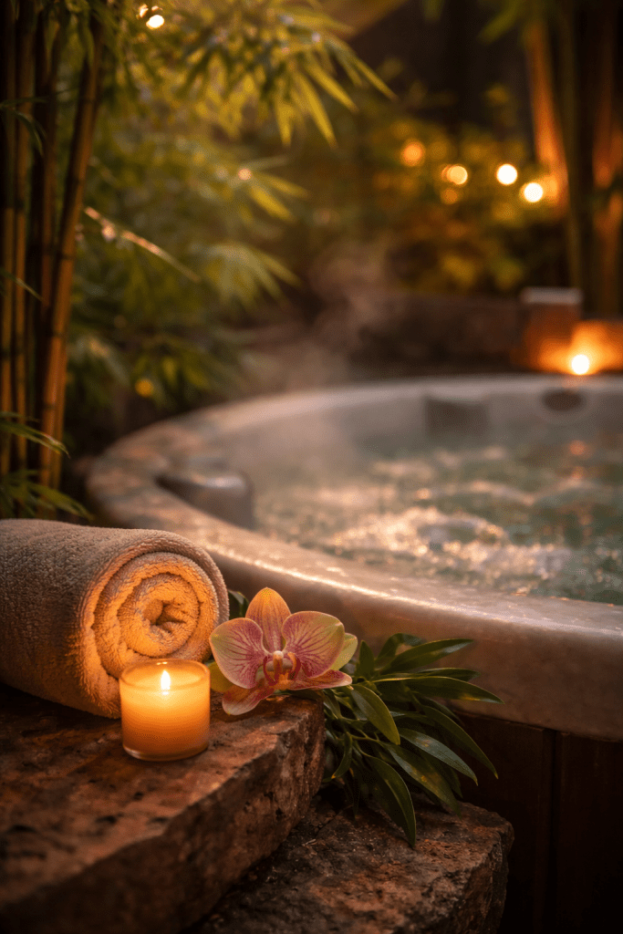 Jacuzzi extérieur avec bougies, serviettes et ambiance détente dans un jardin privatif