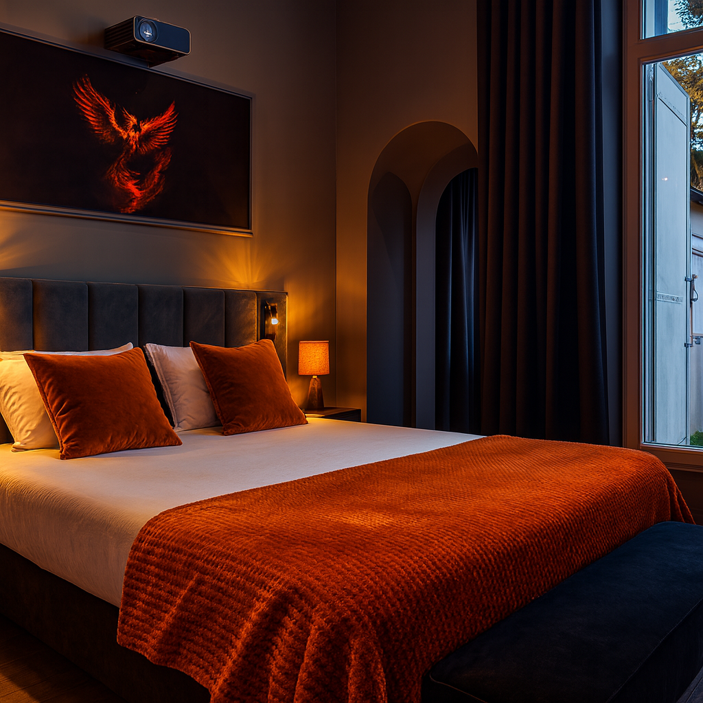 Chambre premium de la Suite Phoenix avec lit confortable et ambiance chaleureuse et élégante"