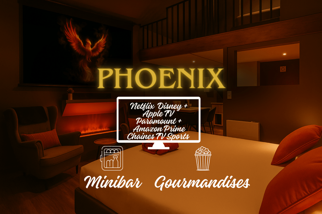 Pièce de vie de la Suite Phoenix avec cheminée, ambiance cinéma et espace détente"