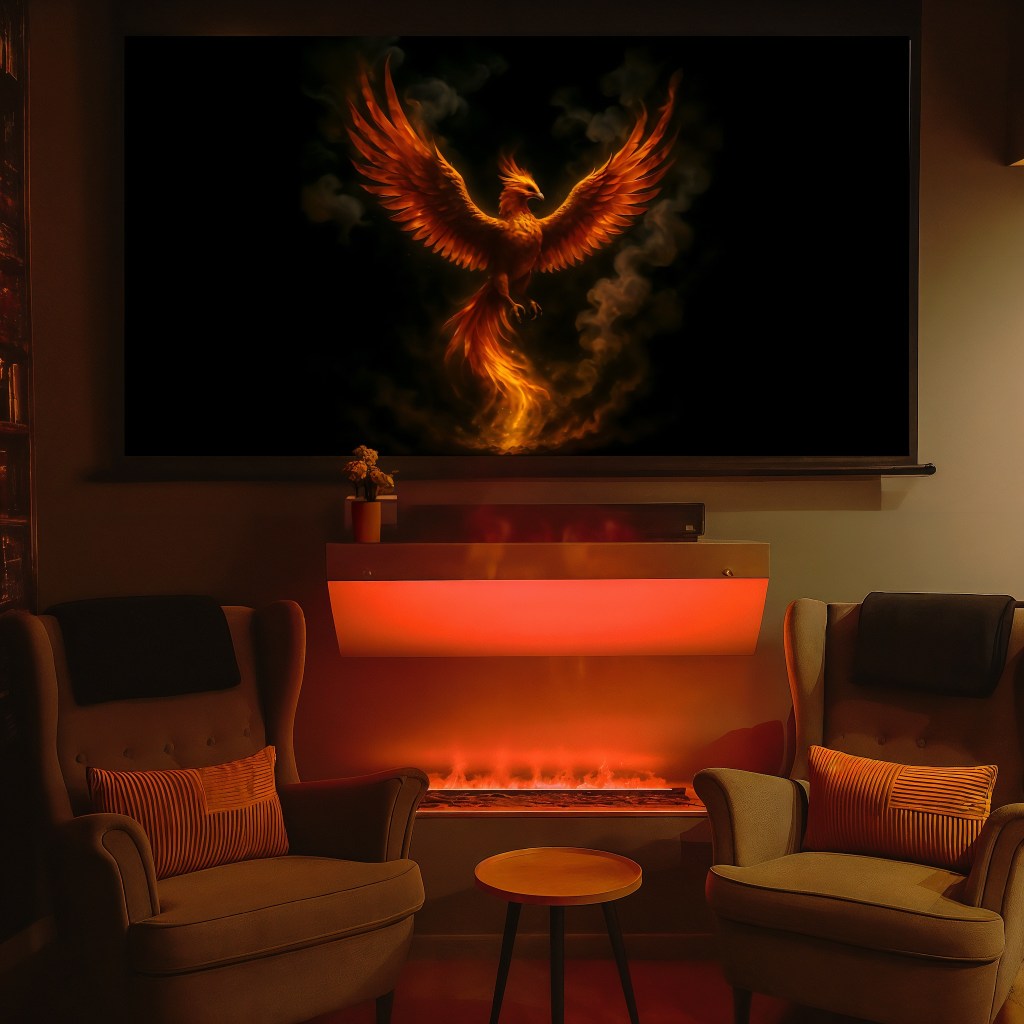 Salon cinéma de la Suite Phoenix avec cheminée et ambiance immersive et cosy"