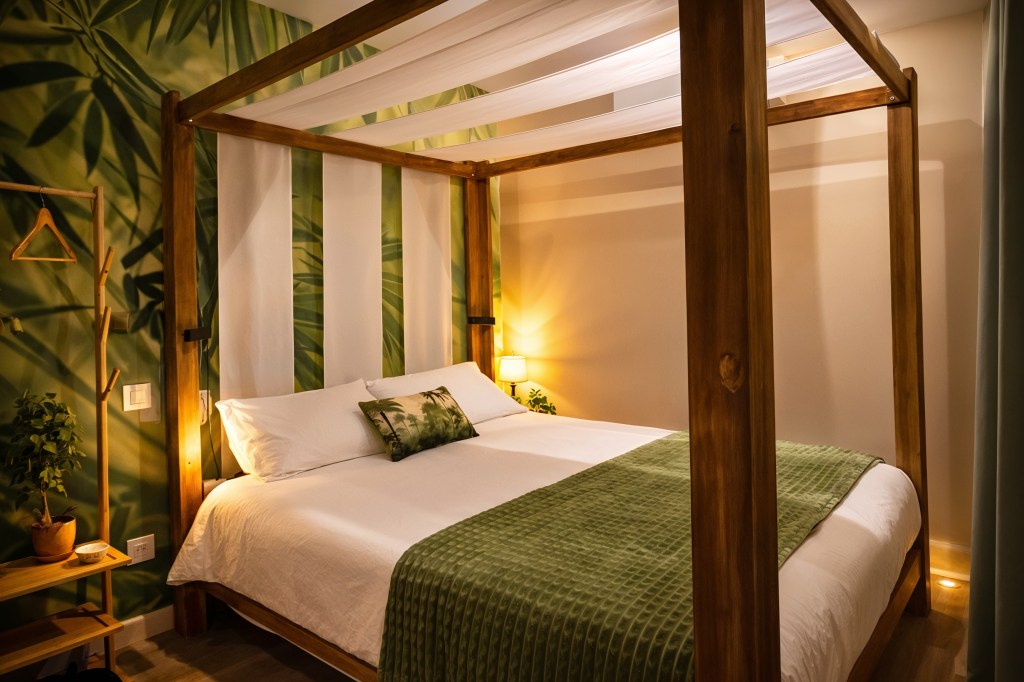 Chambre cosy avec lit baldaquin en bois, décoration végétale et ambiance chaleureuse à Angoulême