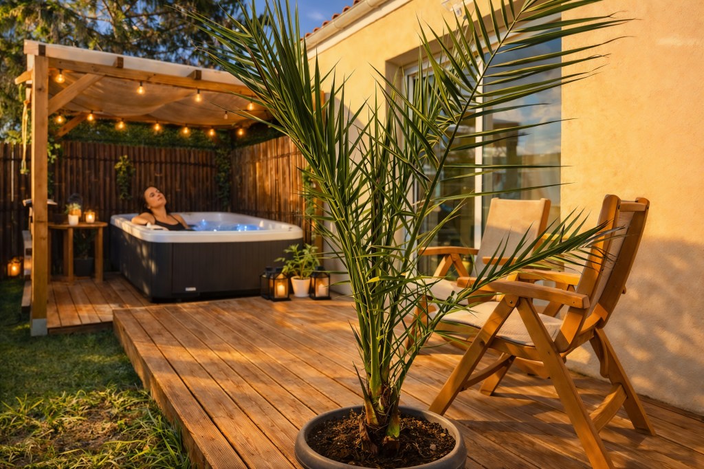 Terrasse privée avec jacuzzi et transats en bois dans un jardin intime
