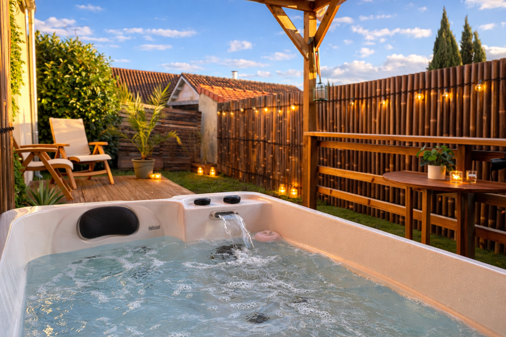 Vue depuis le jacuzzi vers jardin intime avec éclairage chaleureux et mobilier extérieur