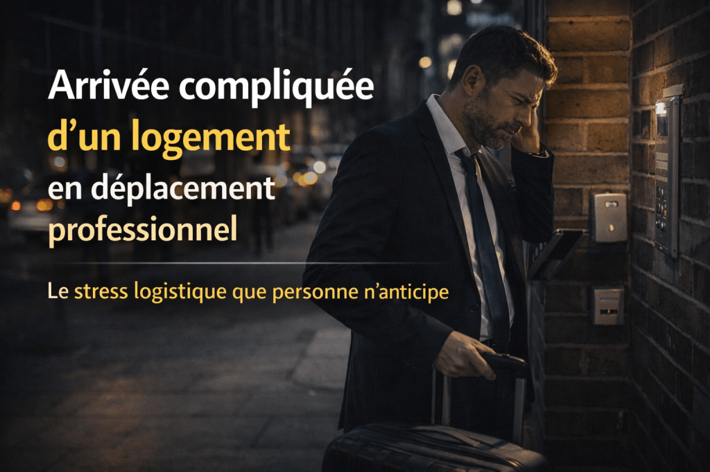 Homme en déplacement professionnel rencontrant des difficultés à l’arrivée dans un logement la nuit