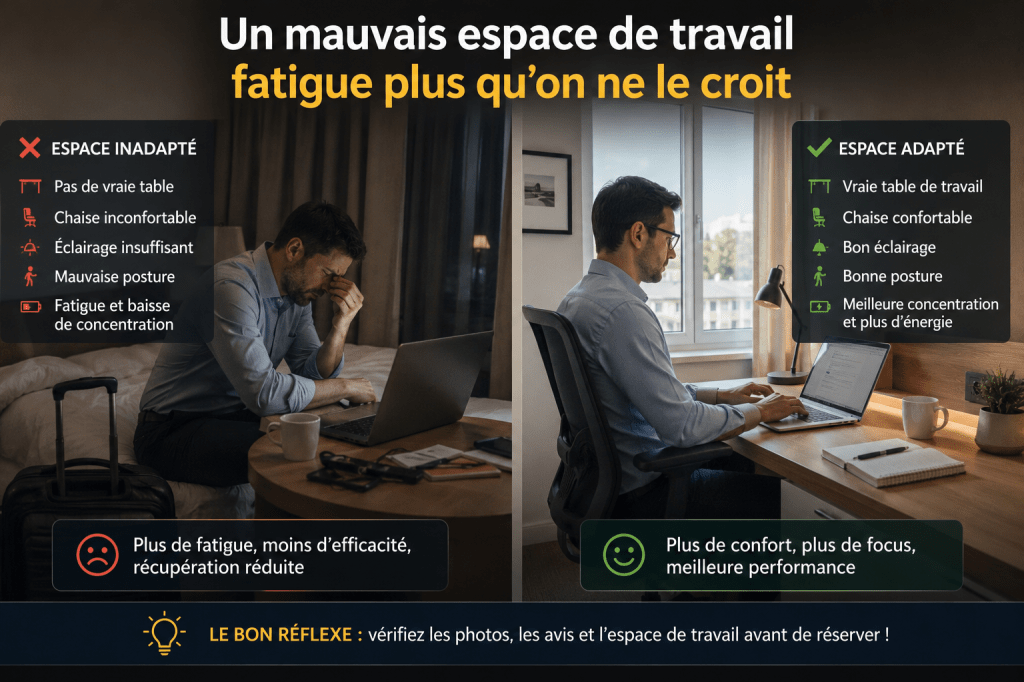 Comparaison entre un mauvais espace de travail en déplacement professionnel et un espace ergonomique favorisant confort et concentration