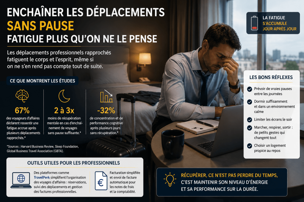 Professionnel fatigué travaillant dans une chambre d’hôtel pendant un déplacement professionnel avec conseils récupération, gestion des voyages d’affaires et organisation via TravelPerk.