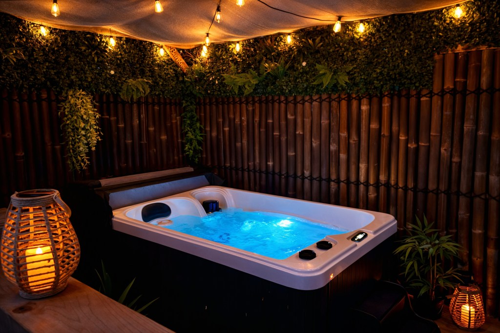 Jacuzzi privatif extérieur éclairé avec décoration végétale et ambiance cocooning de nuit dans un hébergement romantique à Angoulême.